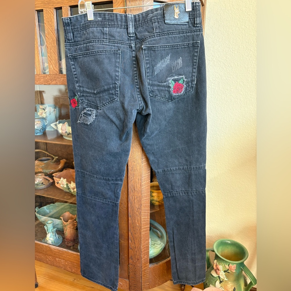 Men’s Makobi Biker Black Jeans Rose Embroidery Zip Detail Sz. 32x32 - Picture 6 of 16
